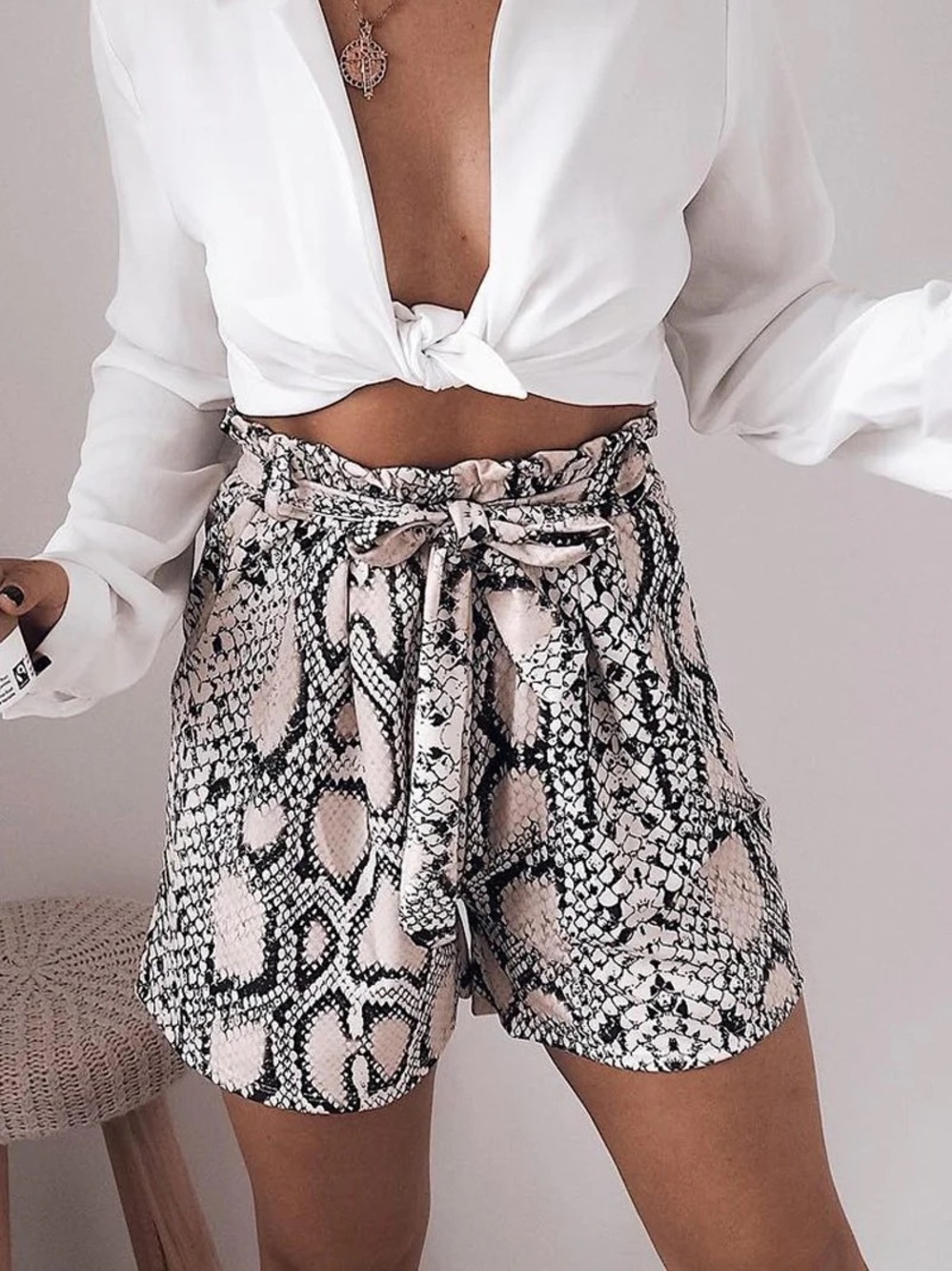 Ivory Snake Print High Waist Paper Bag Shorts